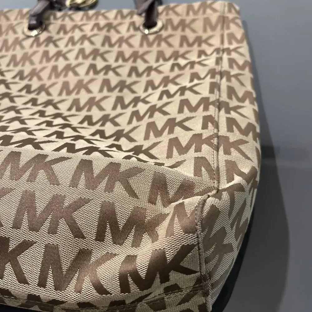 Michael Kors Jet Set MK Logo Brown Beige Canvas Tote Bag Purse